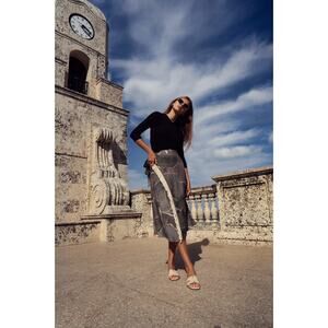 Profile NYC Women's Black & Cream Printed Faux Wrap Fringe Skirt Size 6